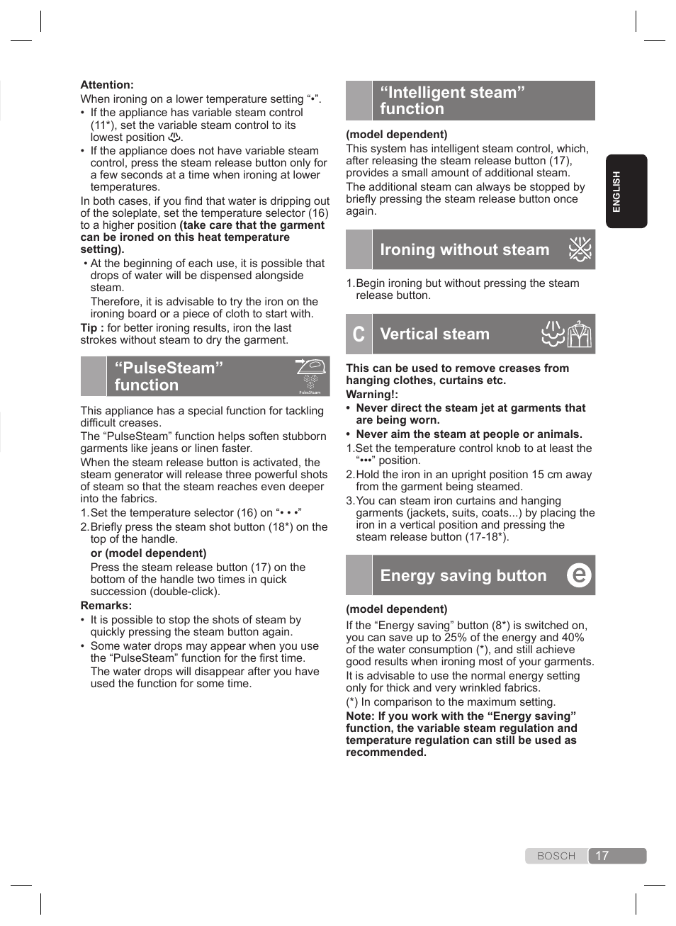 Setting the temperature, Ironing with steam, Pulsesteam” function | Intelligent steam” function, Ironing without steam, Vertical steam, Energy saving button | Bosch TDS2240 Centrale vapeur TDS2240 User Manual | Page 17 / 160