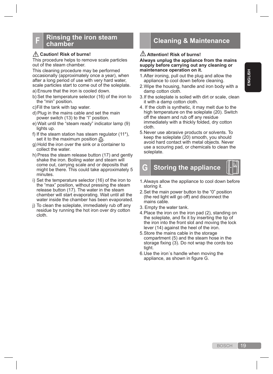 Calc‘n‘clean advanced, Cleaning & maintenance, Storing the appliance | Rinsing the iron steam chamber | Bosch TDS2240 Centrale vapeur TDS2240 User Manual | Page 19 / 160