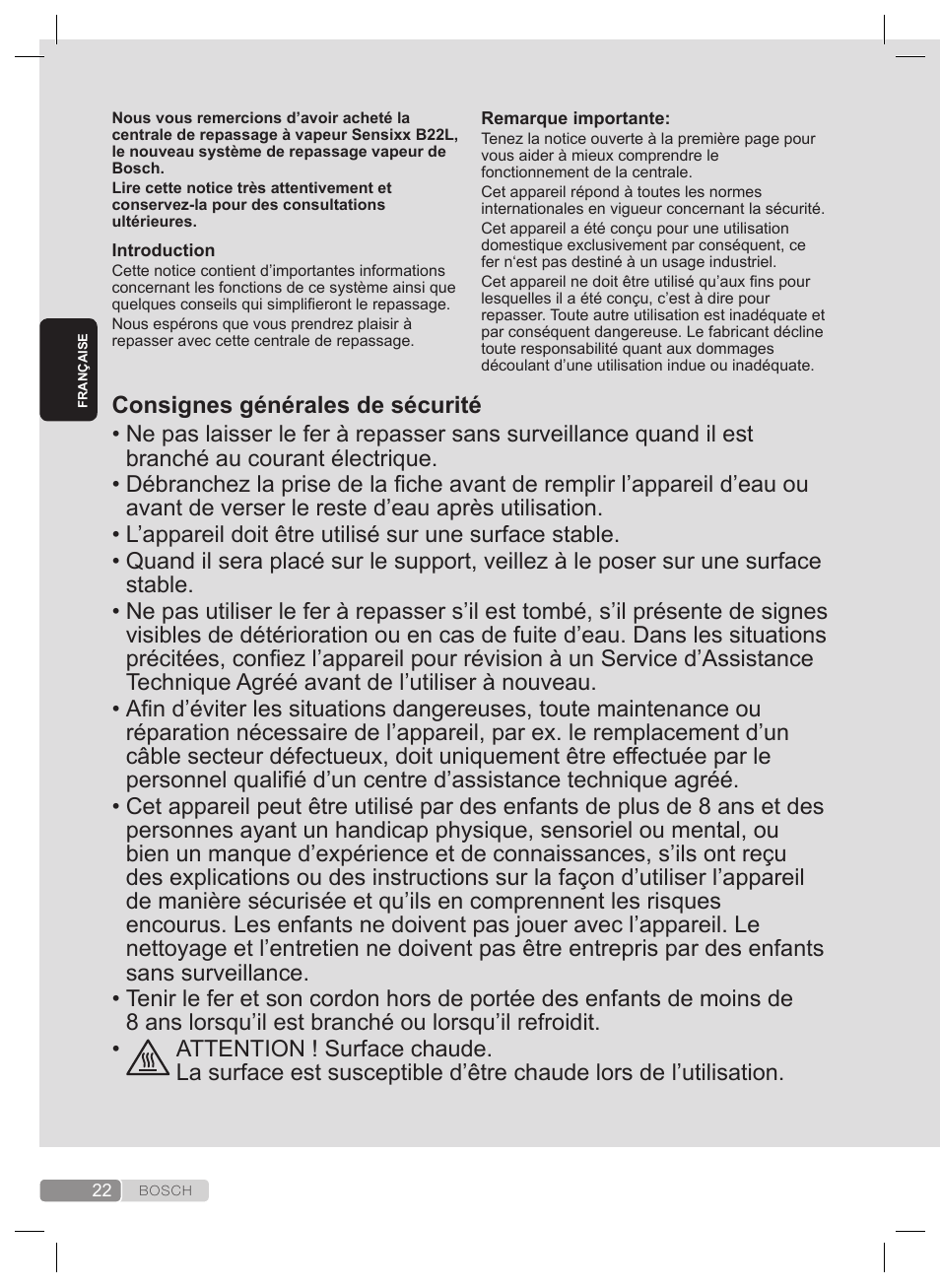 Consignes générales de sécurité | Bosch TDS2240 Centrale vapeur TDS2240 User Manual | Page 22 / 160