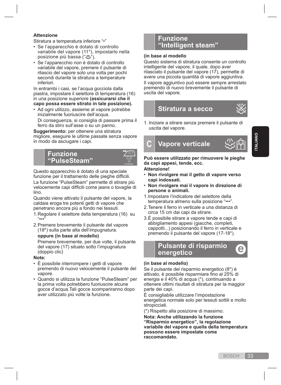 Funzione “intelligent steam, Stiratura a secco, Vapore verticale | Pulsante di risparmio energetico, Funzione “pulsesteam, Regolazione della temperatura, Stiratura a vapore | Bosch TDS2240 Centrale vapeur TDS2240 User Manual | Page 33 / 160