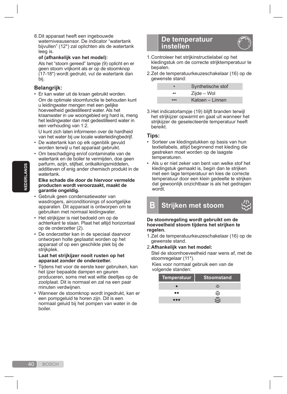 Pulsesteam“ functie, De temperatuur instellen, Strijken met stoom | Bosch TDS2240 Centrale vapeur TDS2240 User Manual | Page 40 / 160