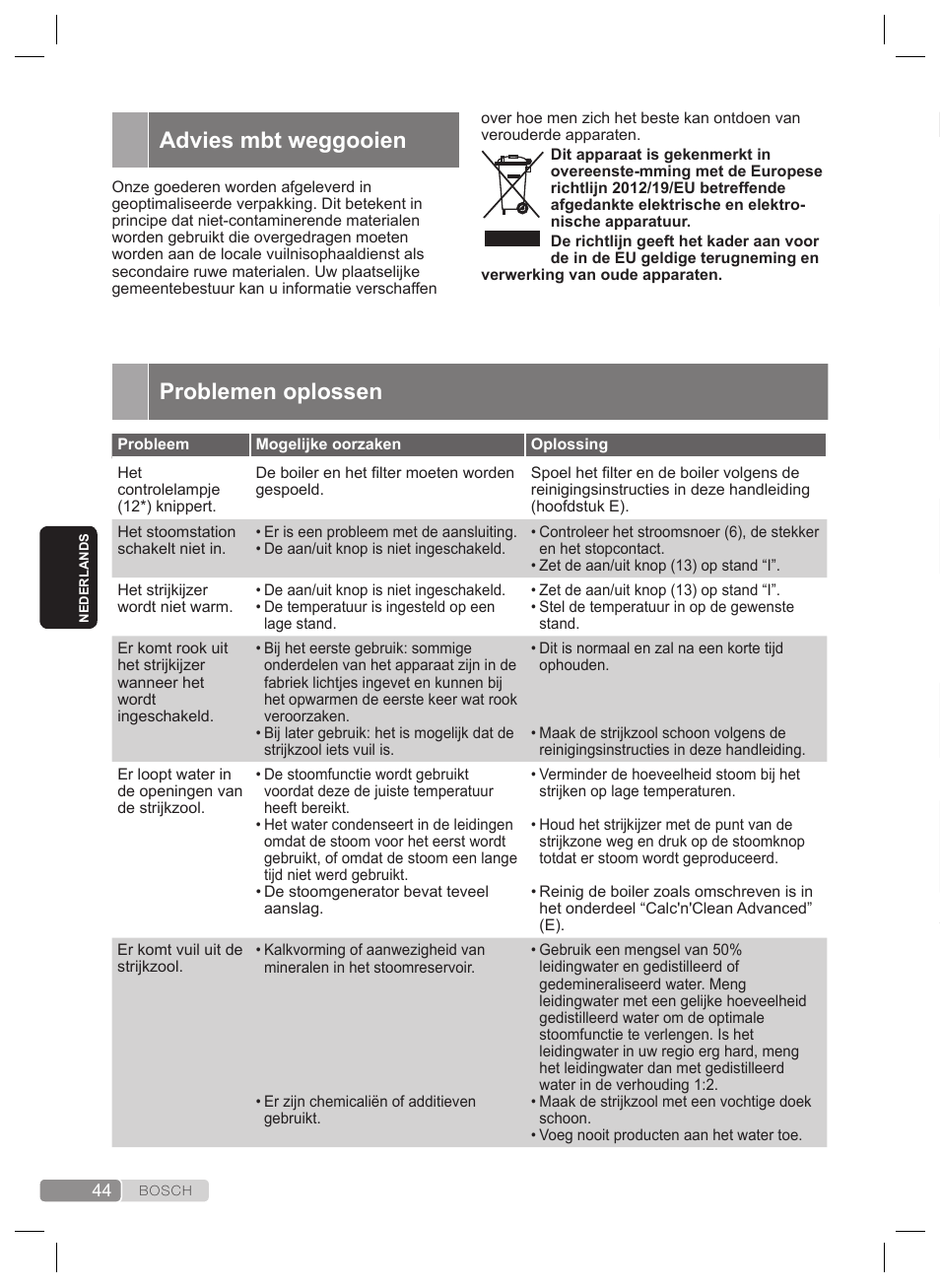 Problemen oplossen, Advies mbt weggooien | Bosch TDS2240 Centrale vapeur TDS2240 User Manual | Page 44 / 160