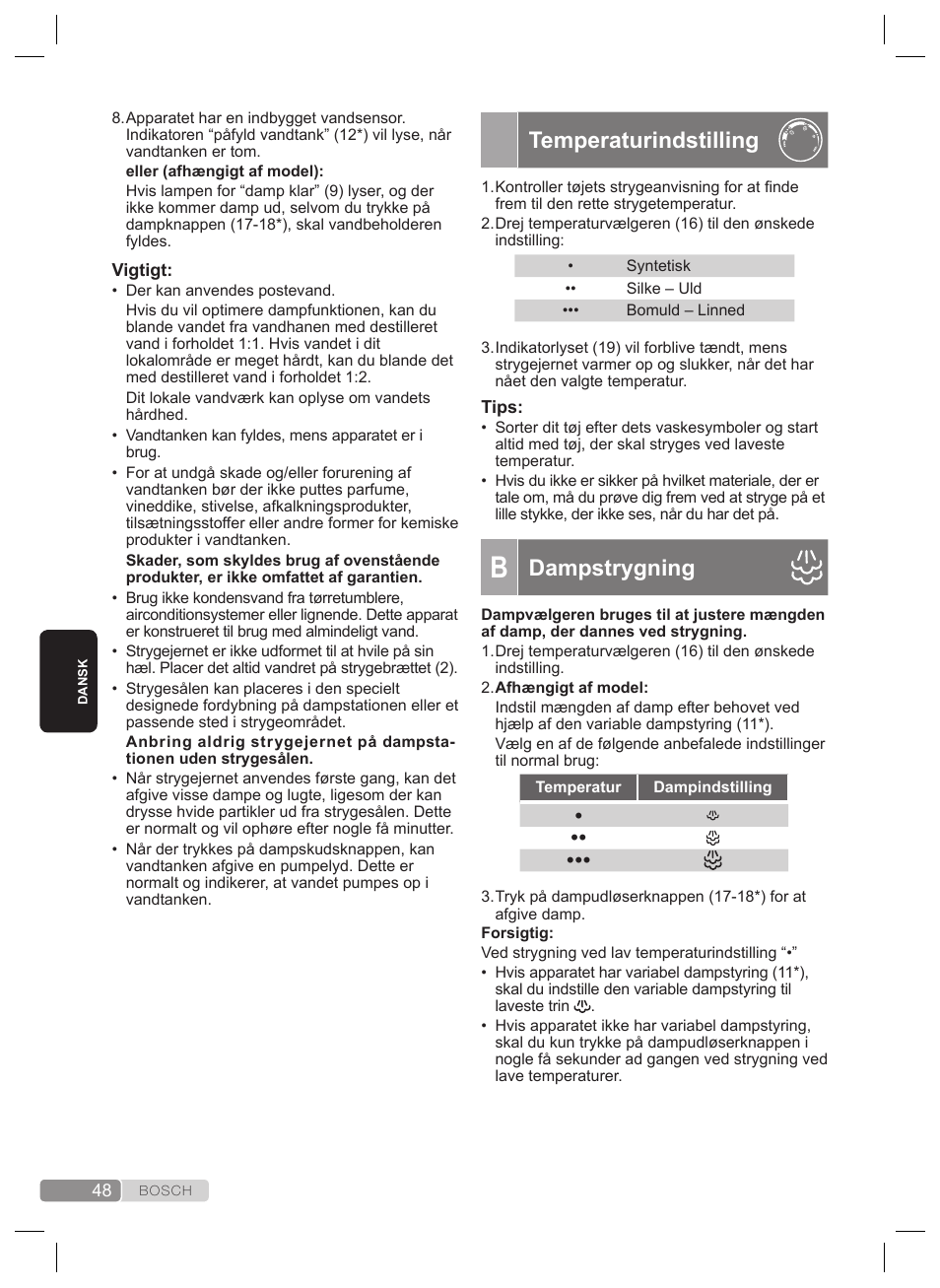 Temperaturindstilling, Dampstrygning, Funktionen “pulsesteam | Funktionen “intelligent steam | Bosch TDS2240 Centrale vapeur TDS2240 User Manual | Page 48 / 160