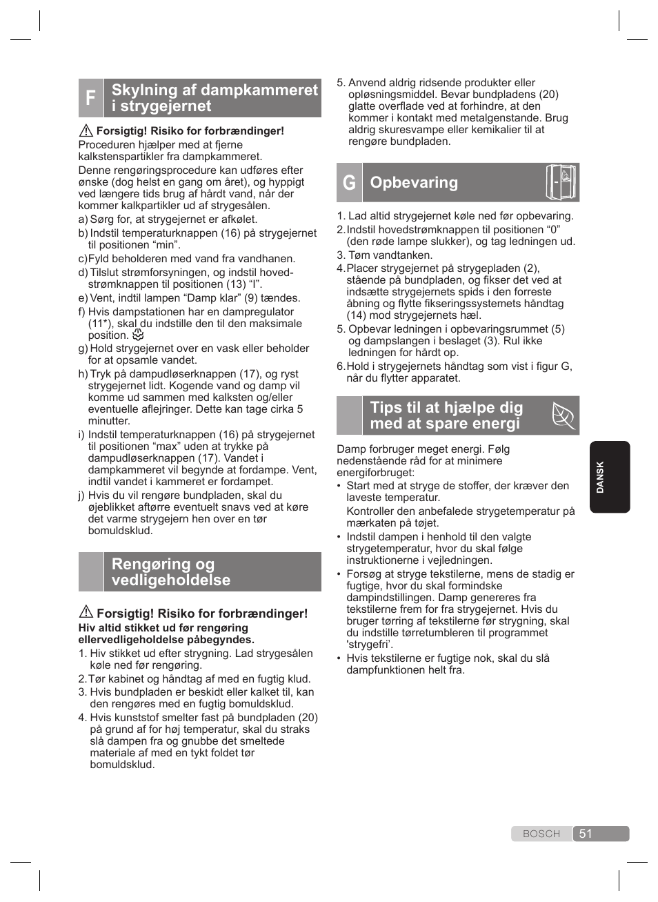 Opbevaring, Tips til at hjælpe dig med at spare energi, Skylning af dampkammeret i strygejernet | Rengøring og vedligeholdelse, Calc‘n‘clean advanced | Bosch TDS2240 Centrale vapeur TDS2240 User Manual | Page 51 / 160