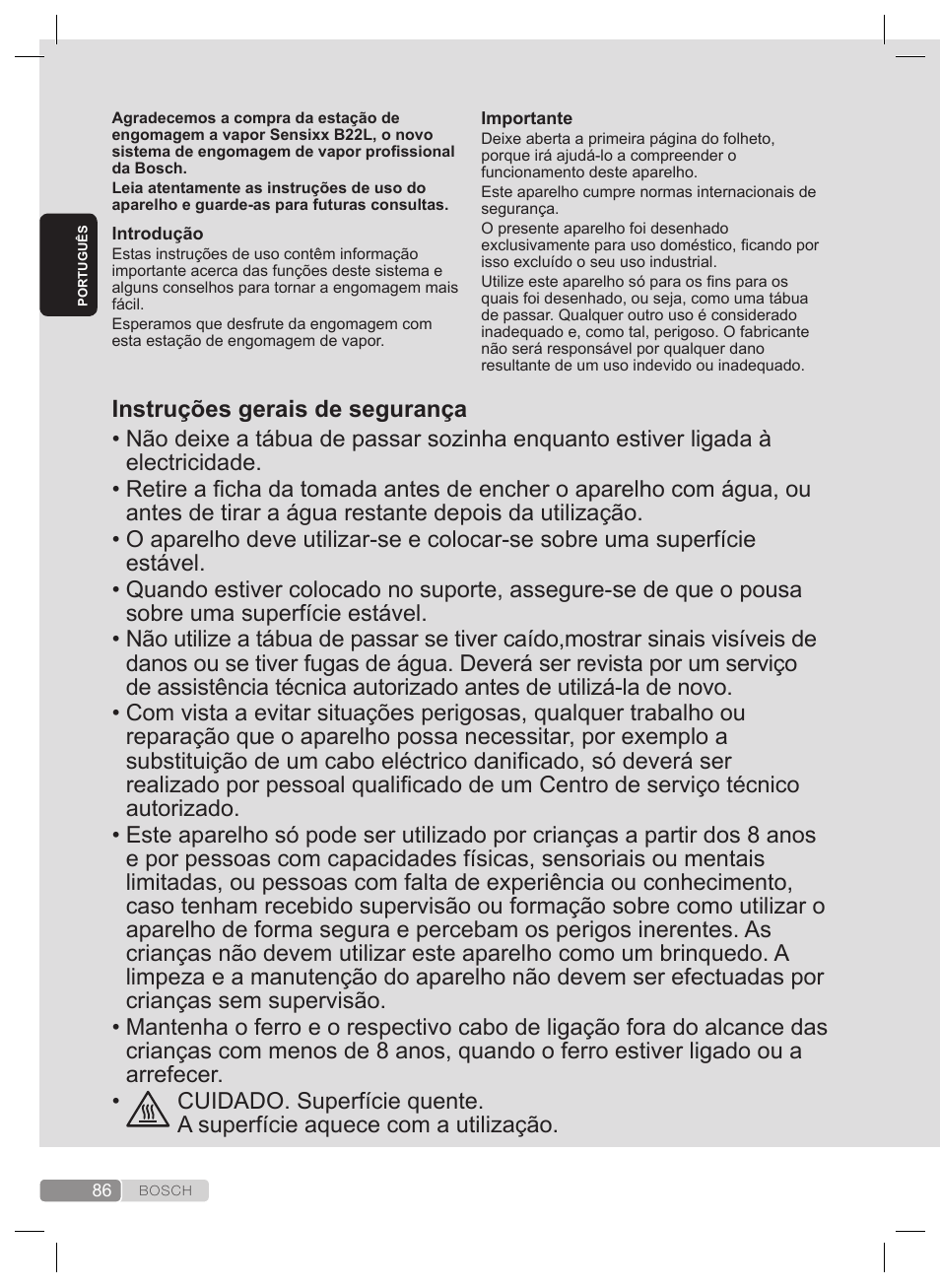 Instruções gerais de segurança | Bosch TDS2240 Centrale vapeur TDS2240 User Manual | Page 86 / 160