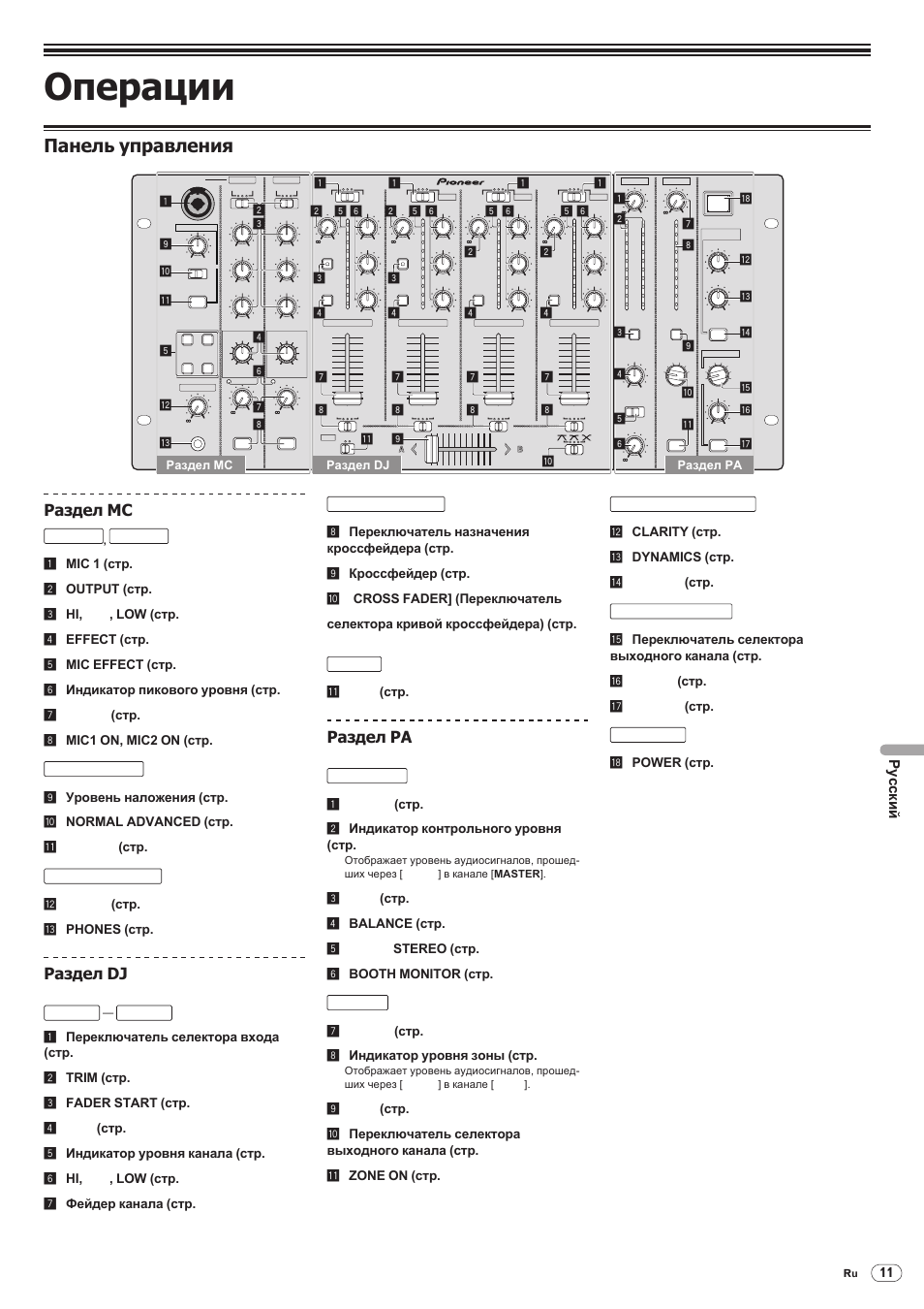 Панель управления, Операции, Drb1492-b | Раздел мс, Раздел dj, Раздел ра, Русски й, Mic 1, Mic 2, Talk over | Pioneer DJM-5000 User Manual | Page 107 / 114