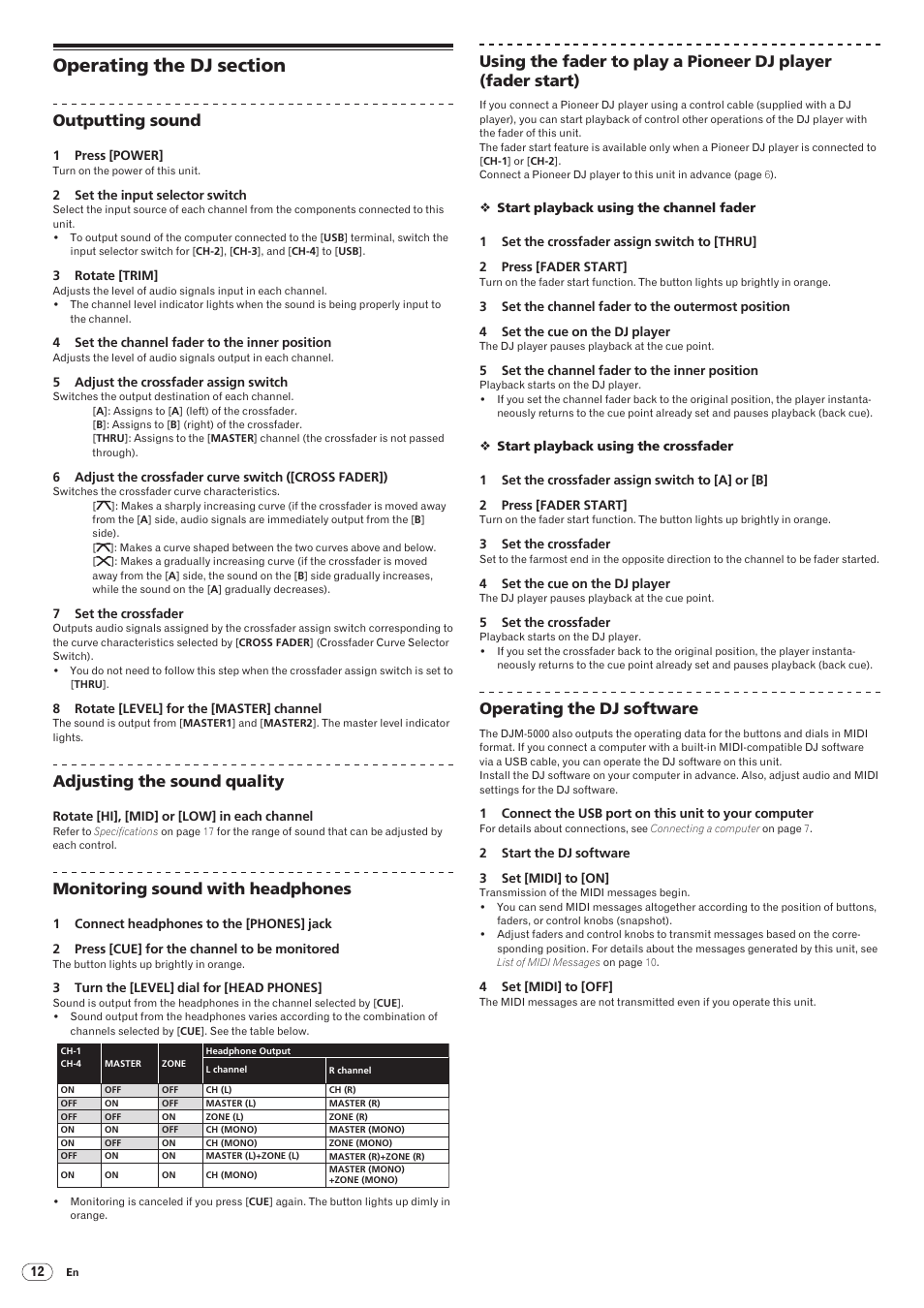 Operating the dj section, Drb1492-b, Outputting sound | Adjusting the sound quality, Monitoring sound with headphones, Operating the dj software | Pioneer DJM-5000 User Manual | Page 12 / 114