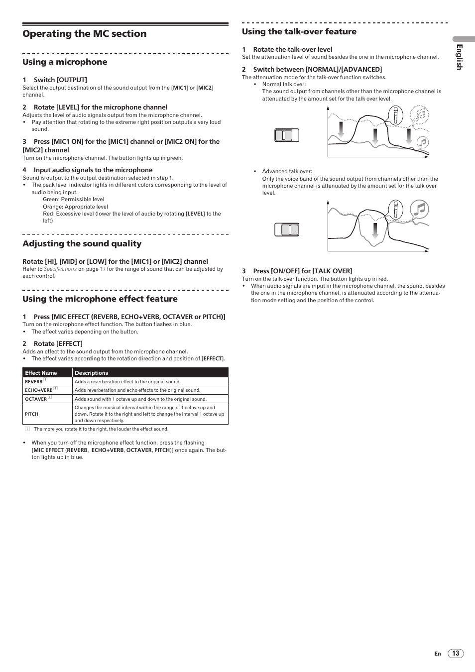 Operating the mc section, Drb1492-b, Using a microphone | Adjusting the sound quality, Using the microphone effect feature, Using the talk-over feature, English | Pioneer DJM-5000 User Manual | Page 13 / 114