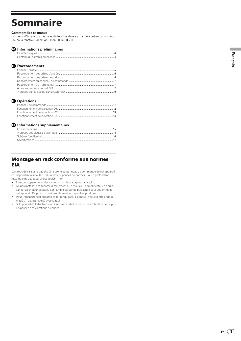 Table de mixage, Mode d’emploi, Sommaire | Montage en rack conforme aux normes eia | Pioneer DJM-5000 User Manual | Page 19 / 114