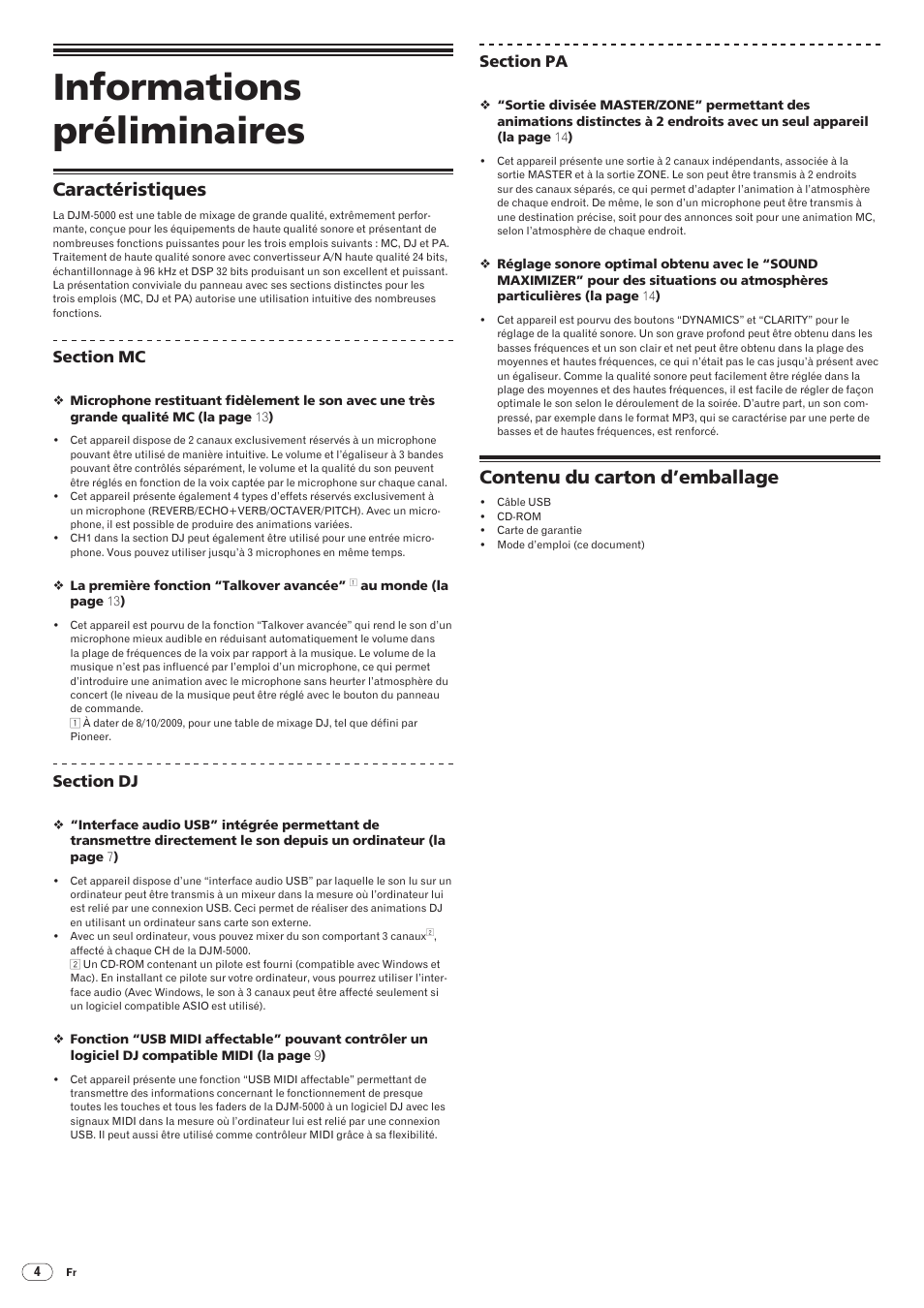 Caractéristiques contenu du carton d’emballage, Informations préliminaires, Caractéristiques | Contenu du carton d’emballage | Pioneer DJM-5000 User Manual | Page 20 / 114