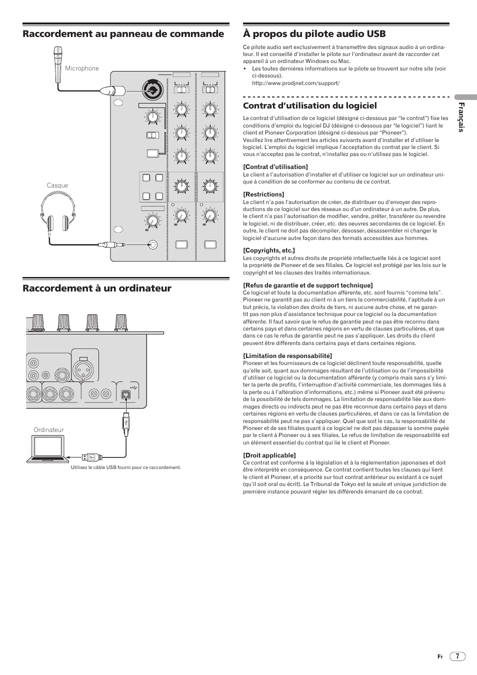 Raccordement au panneau de commande, Raccordement à un ordinateur, À propos du pilote audio usb | Drb1492-b, Contrat d’utilisation du logiciel, Français, Djm-5000, Casque microphone, Ch-1, Ordinateur | Pioneer DJM-5000 User Manual | Page 23 / 114