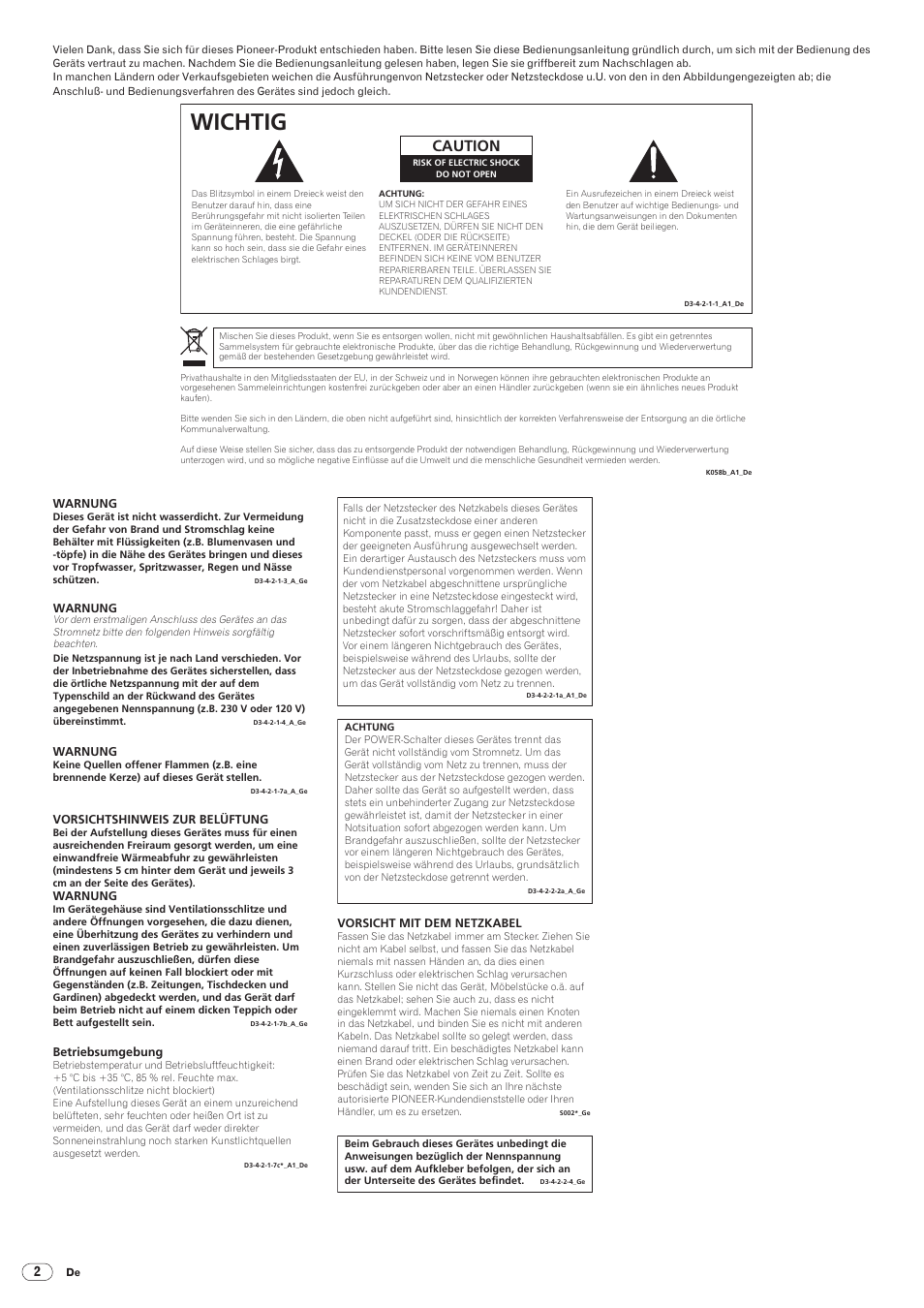 Wichtig, Drb1492-b, Caution | Pioneer DJM-5000 User Manual | Page 34 / 114