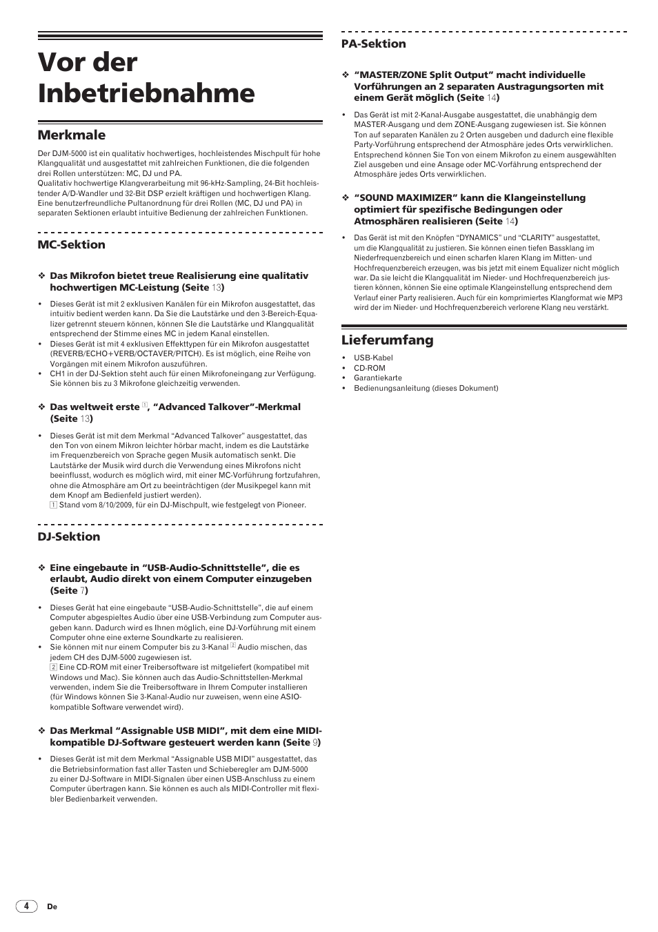 Merkmale lieferumfang, Vor der inbetriebnahme, Merkmale | Lieferumfang | Pioneer DJM-5000 User Manual | Page 36 / 114