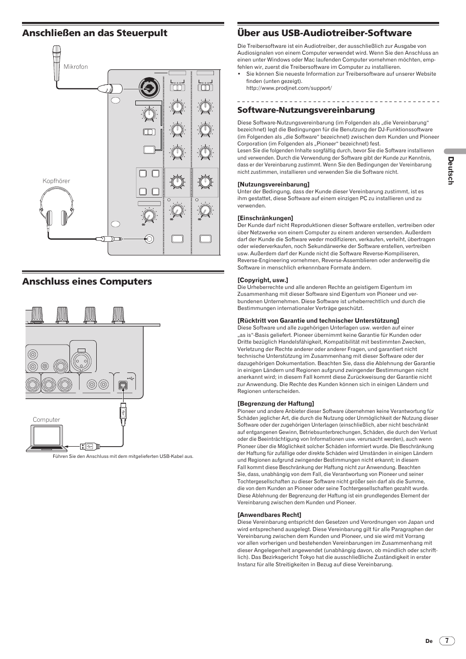 Anschließen an das steuerpult, Anschluss eines computers, Über aus usb-audiotreiber-software | Drb1492-b, Software-nutzungsvereinbarung, Deutsch, Djm-5000, Kopfhörer mikrofon, Ch-1, Computer | Pioneer DJM-5000 User Manual | Page 39 / 114