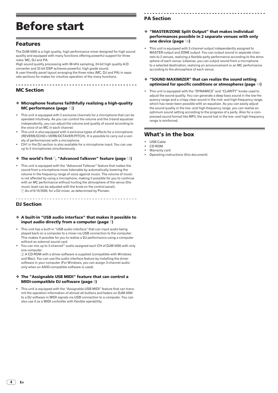 Features what’s in the box, Before start, Features | What’s in the box | Pioneer DJM-5000 User Manual | Page 4 / 114