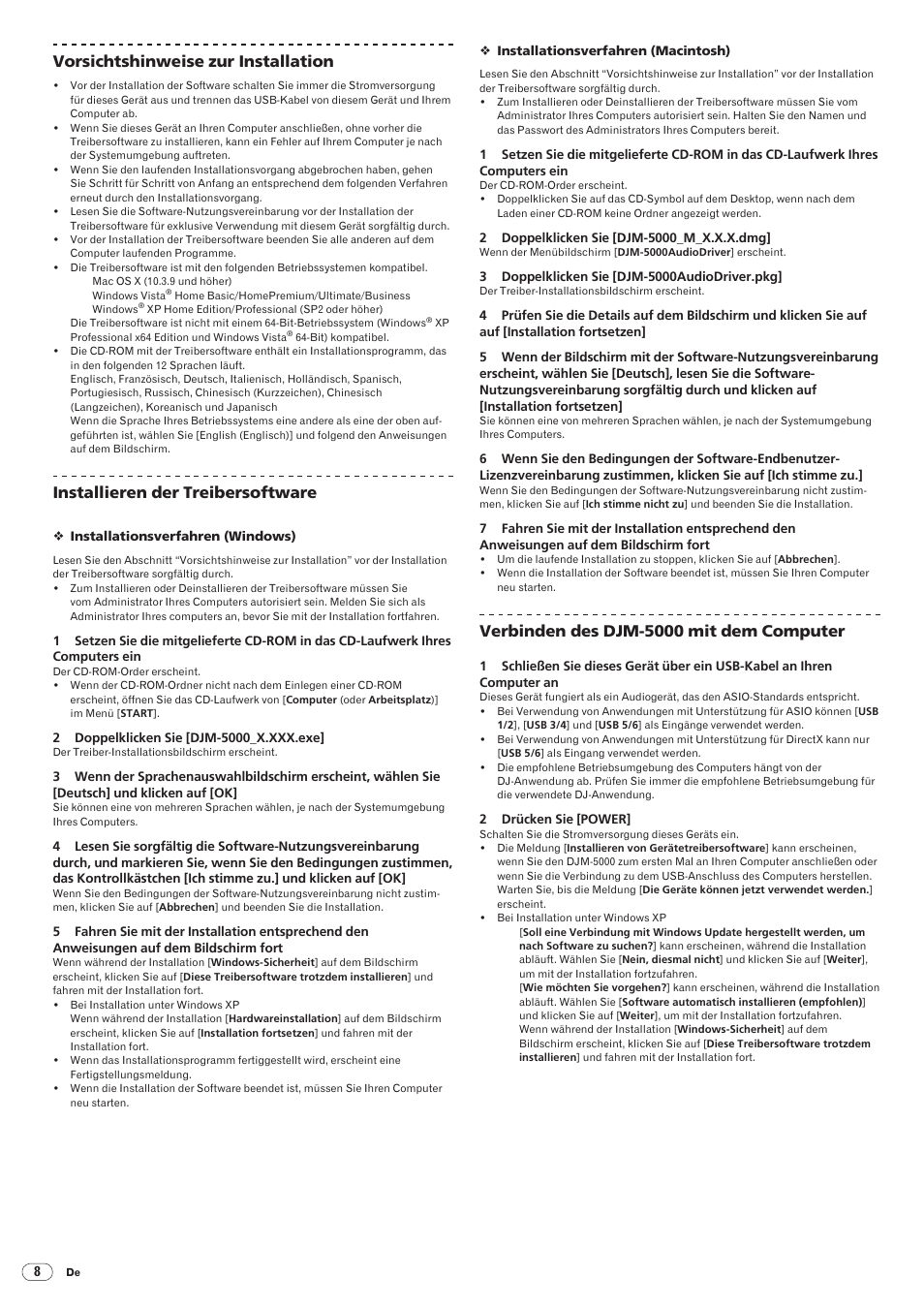 Drb1492-b, 40 vorsichtshinweise zur installation, Installieren der treibersoftware | Verbinden des djm-5000 mit dem computer | Pioneer DJM-5000 User Manual | Page 40 / 114