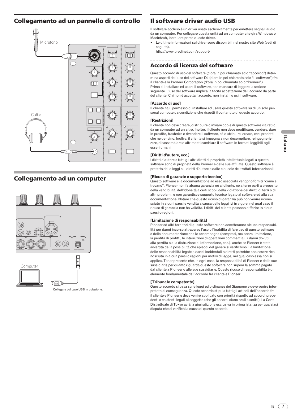 Collegamento ad un pannello di controllo, Collegamento ad un computer, Il software driver audio usb | Drb1492-b, Accordo di licenza del software, Italiano, Djm-5000, Cuffia microfono, Ch-1, Computer | Pioneer DJM-5000 User Manual | Page 55 / 114