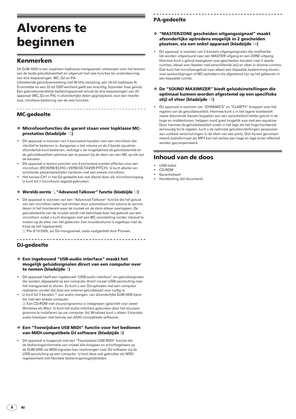 Kenmerken inhoud van de doos, Alvorens te beginnen, Kenmerken | Inhoud van de doos | Pioneer DJM-5000 User Manual | Page 68 / 114