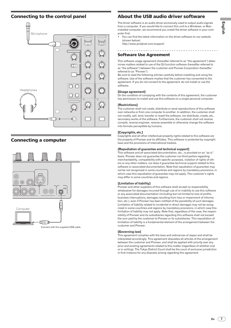 Connecting to the control panel, Connecting a computer, About the usb audio driver software | Drb1492-b, Software use agreement, English, Djm-5000, Microphone headphones, Ch-1, Computer | Pioneer DJM-5000 User Manual | Page 7 / 114