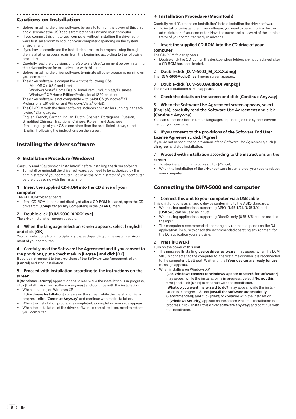 Drb1492-b, 8cautions on installation, Installing the driver software | Connecting the djm-5000 and computer | Pioneer DJM-5000 User Manual | Page 8 / 114