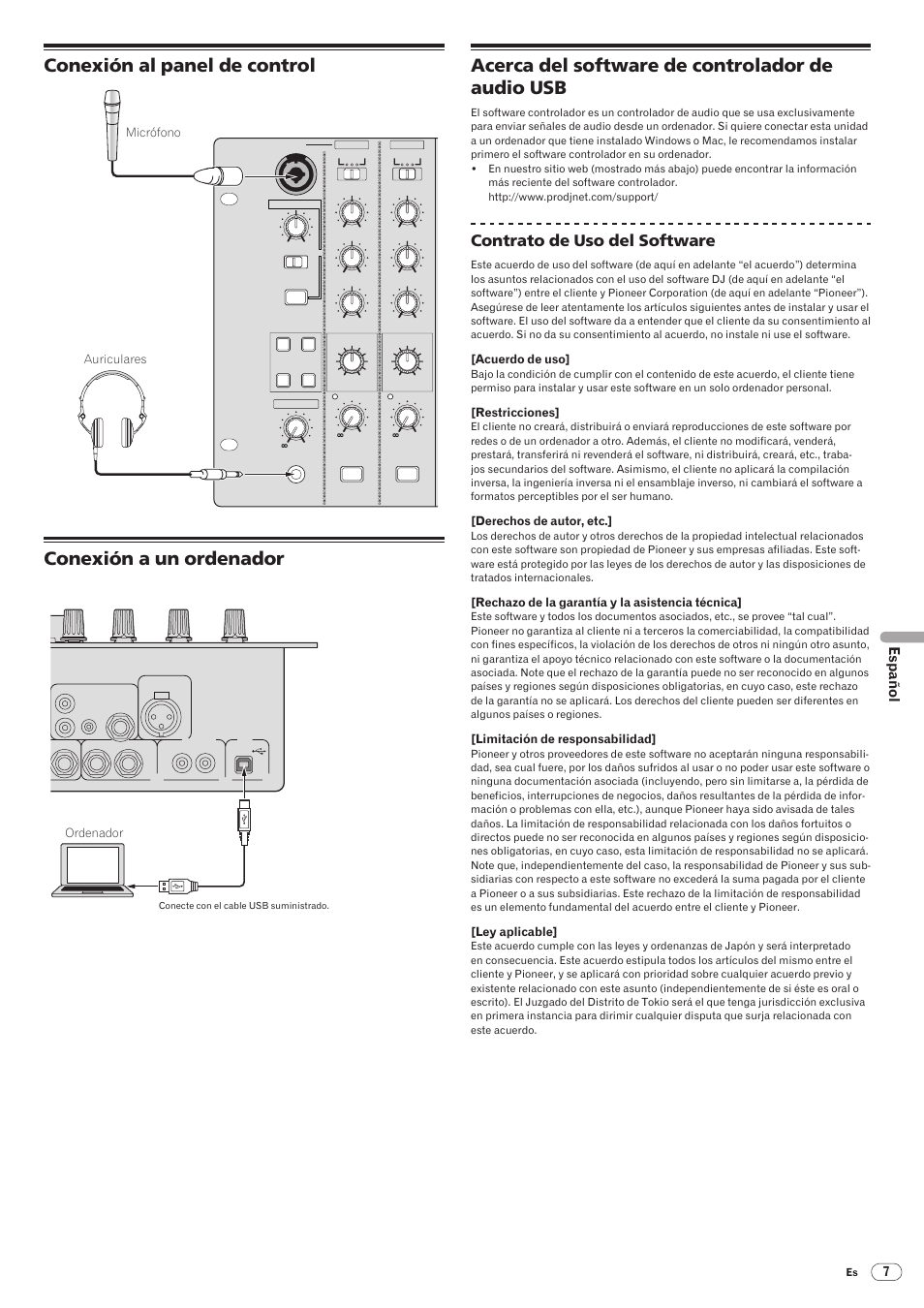 Conexión al panel de control, Conexión a un ordenador, Acerca del software de controlador de audio usb | Drb1492-b, Contrato de uso del software, Español, Djm-5000, Auriculares micrófono, Ch-1, Ordenador | Pioneer DJM-5000 User Manual | Page 87 / 114