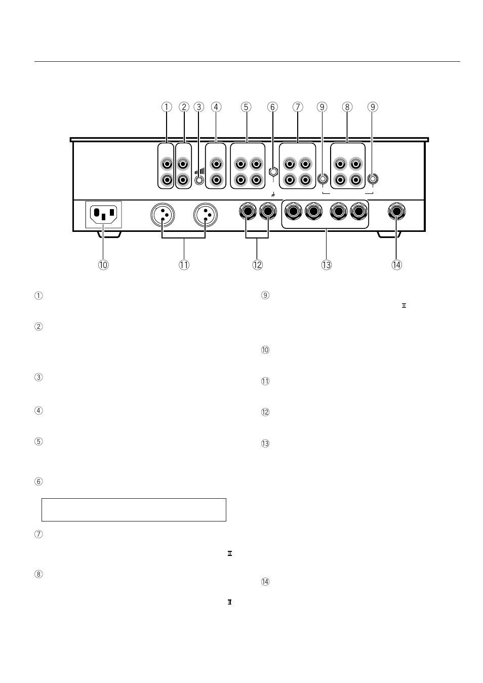 Rear section, 1 master output 1 terminal (master out 1), 2 booth monitor output terminal (booth monitor) | 5 ch-3 input terminal, 6 ground terminal (signal gnd), 7 ch-2 input terminal, 8 ch-1 input terminal, 9 ch-1, 2 player control terminal, 0 power cord connection terminal, Master output 2 terminal (master out 2) | Pioneer DJM-500 User Manual | Page 11 / 20