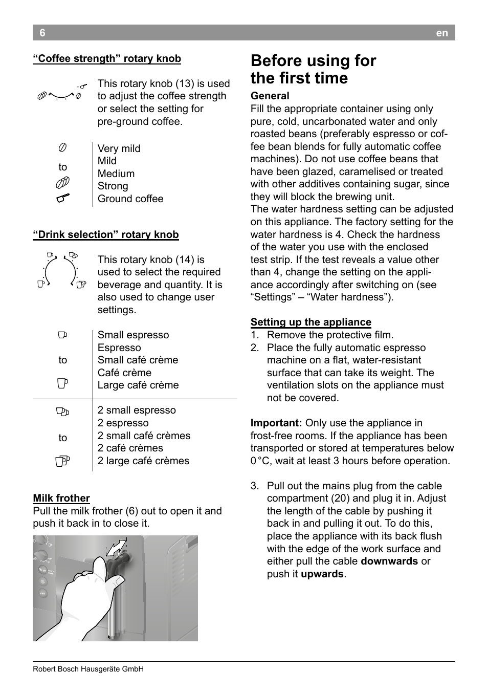 Before using for the first time | Bosch TES50129RW VeroCafe Machine à café Expresso automatique Noir User Manual | Page 10 / 122