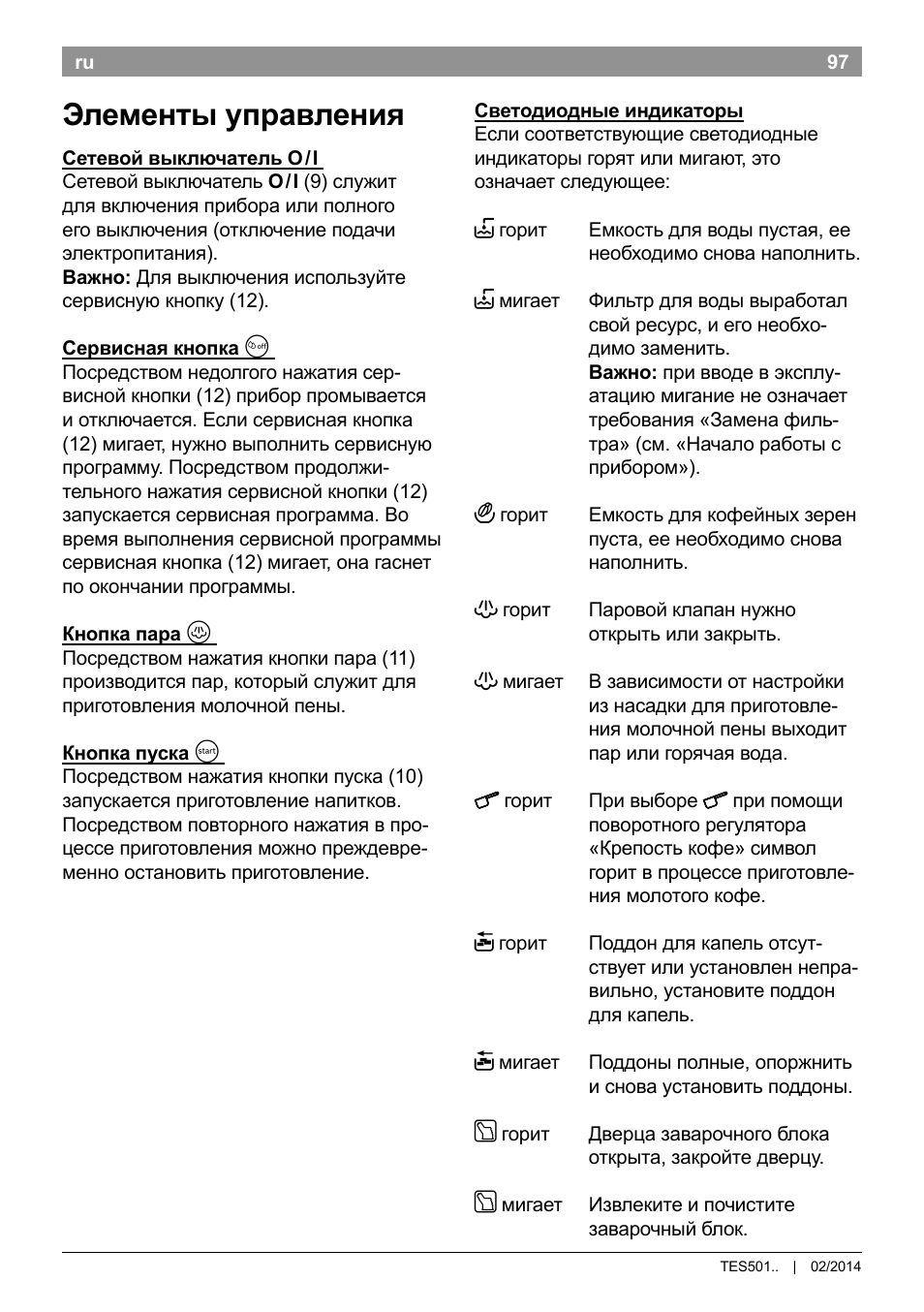 Элементы управления | Bosch TES50129RW VeroCafe Machine à café Expresso automatique Noir User Manual | Page 101 / 122