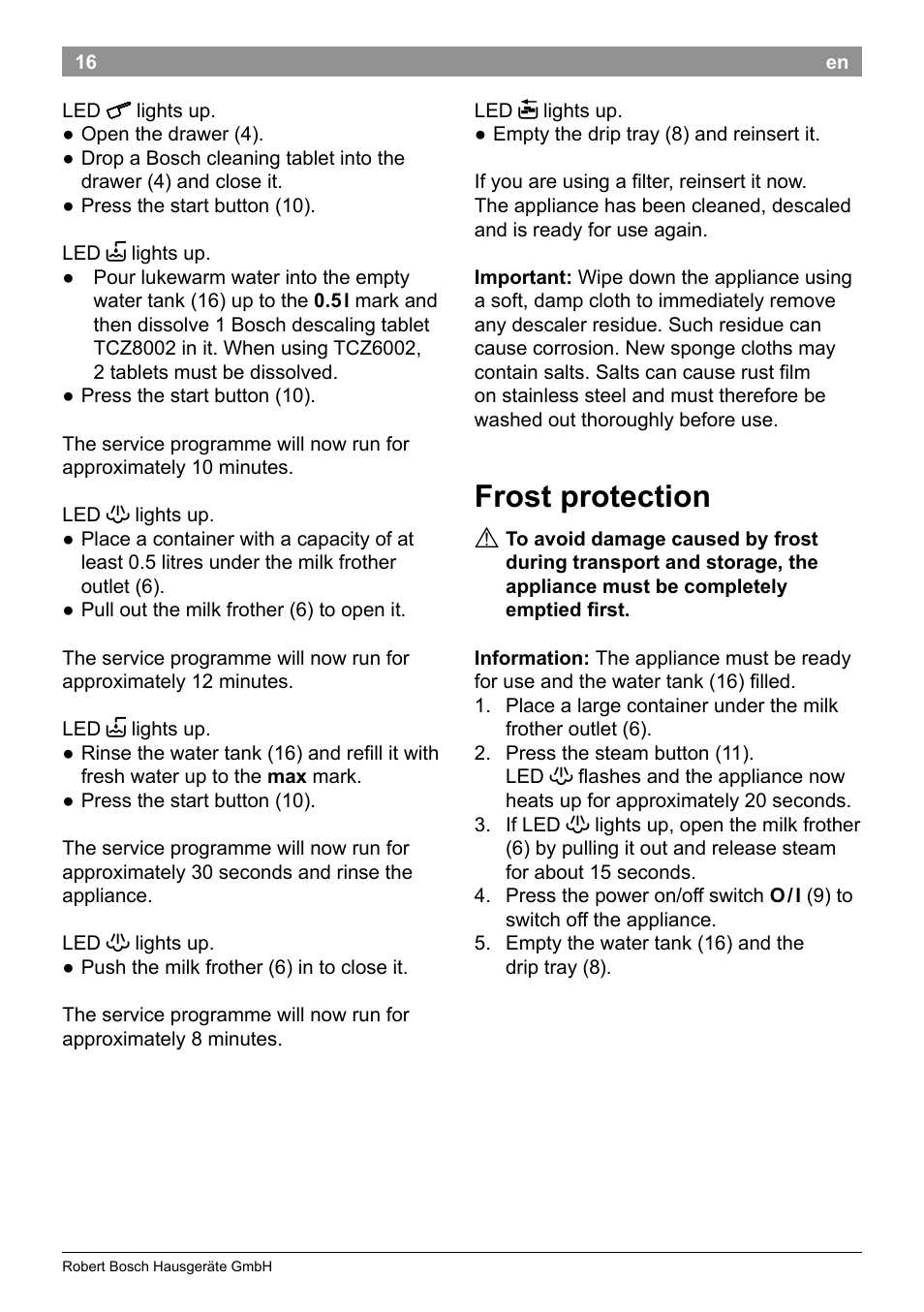 Frost protection | Bosch TES50129RW VeroCafe Machine à café Expresso automatique Noir User Manual | Page 20 / 122