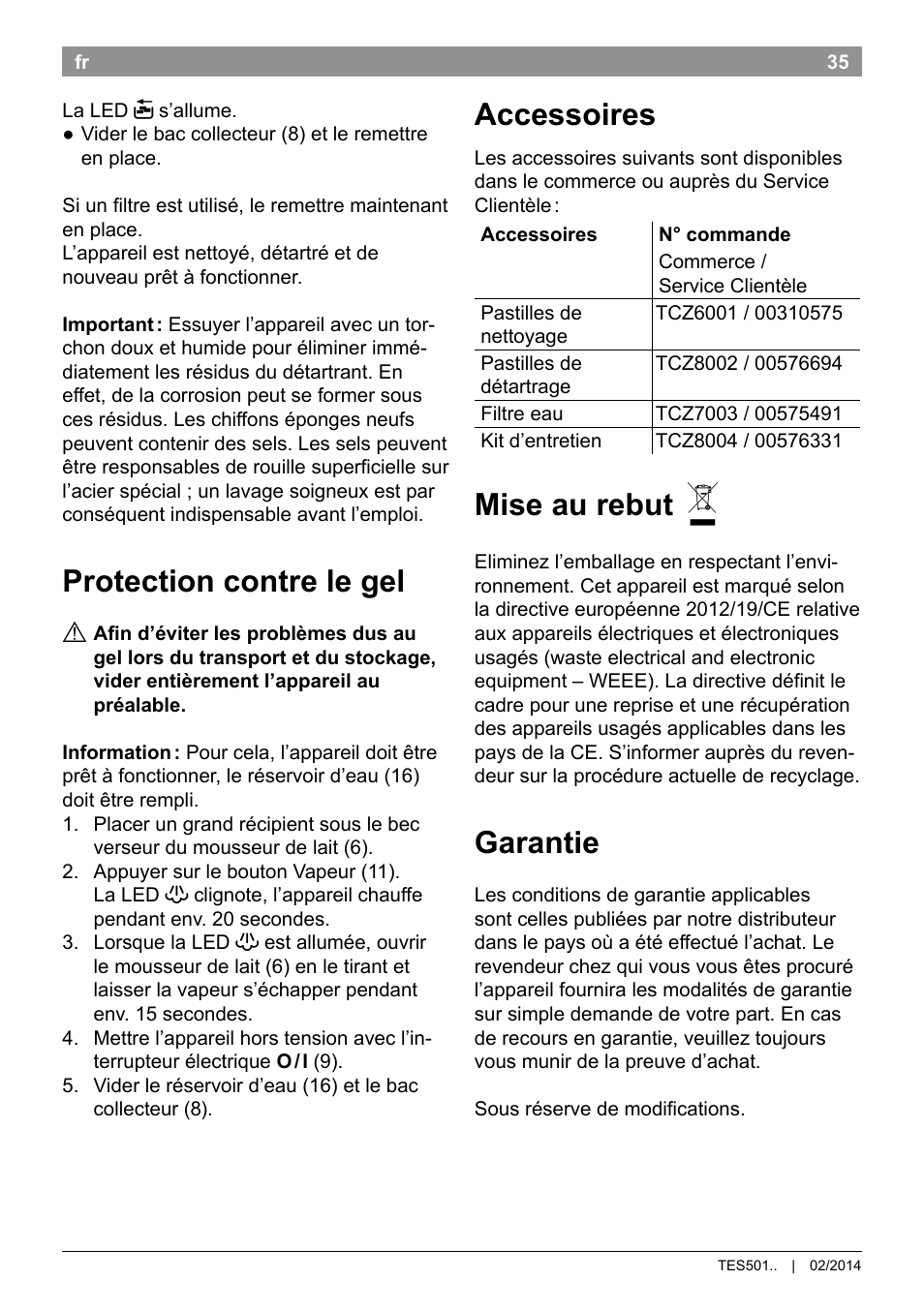 Protection contre le gel, Accessoires, Mise au rebut | Garantie | Bosch TES50129RW VeroCafe Machine à café Expresso automatique Noir User Manual | Page 39 / 122