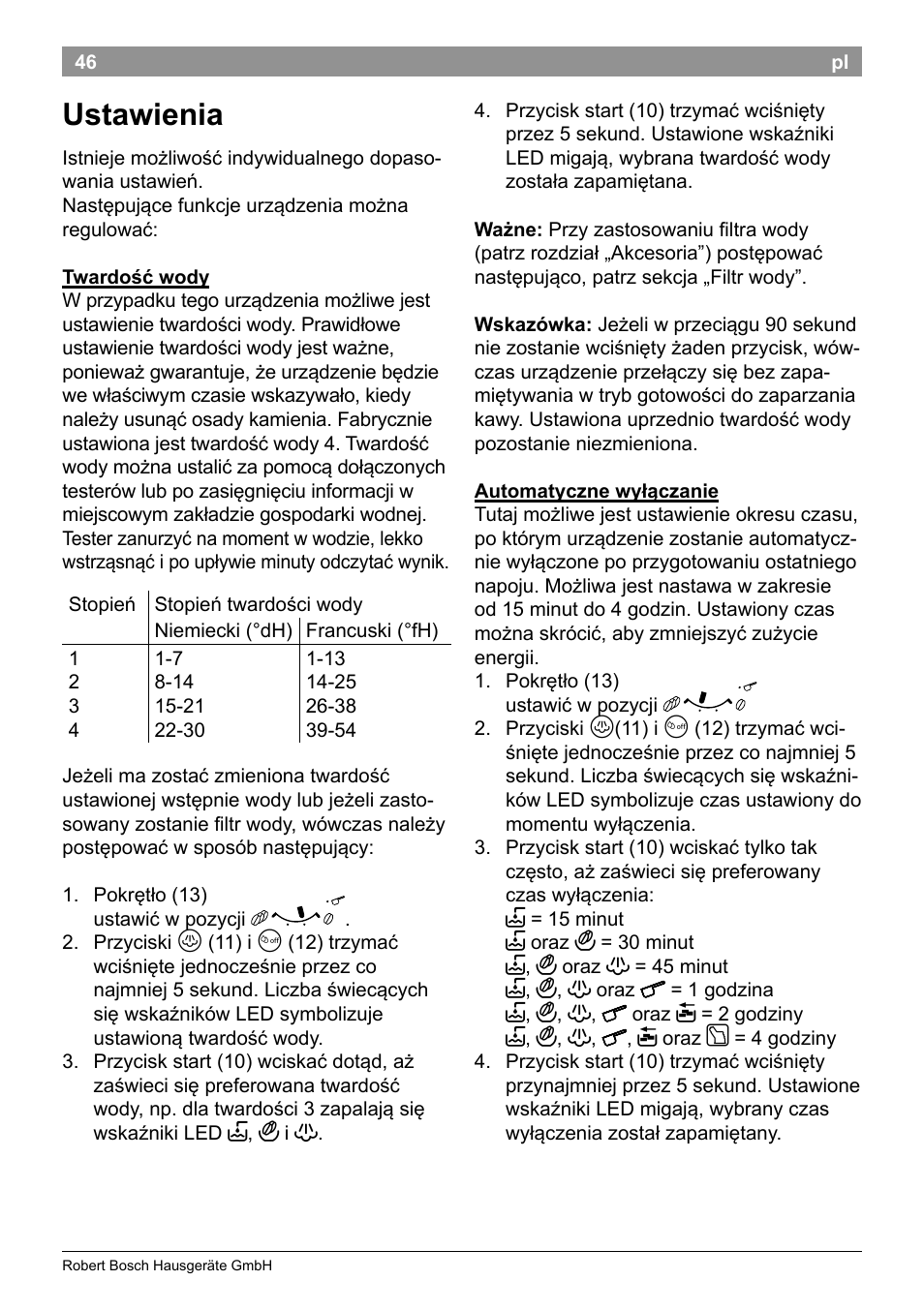 Ustawienia | Bosch TES50129RW VeroCafe Machine à café Expresso automatique Noir User Manual | Page 50 / 122