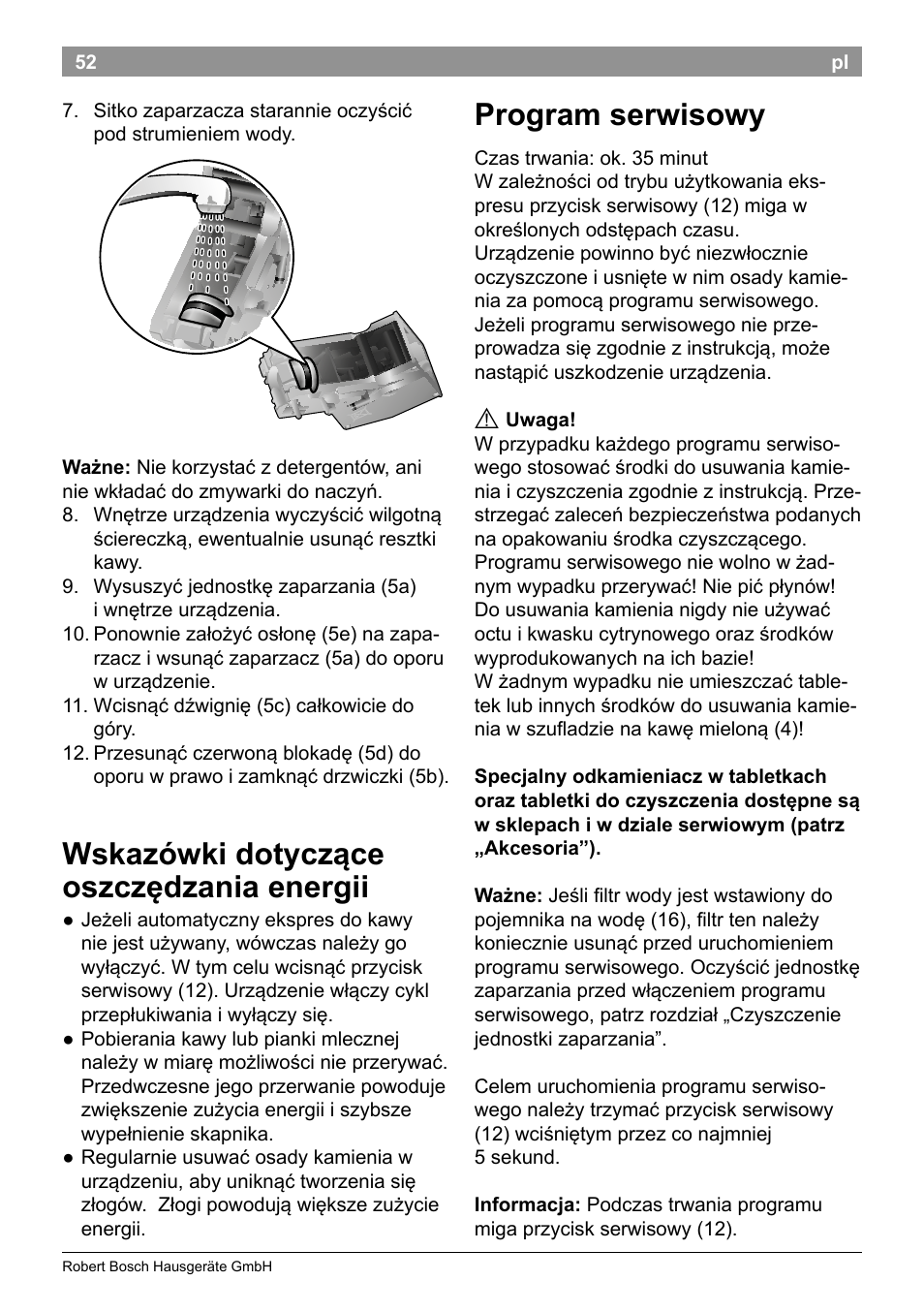 Wskazówki dotyczące oszczędzania energii, Program serwisowy | Bosch TES50129RW VeroCafe Machine à café Expresso automatique Noir User Manual | Page 56 / 122