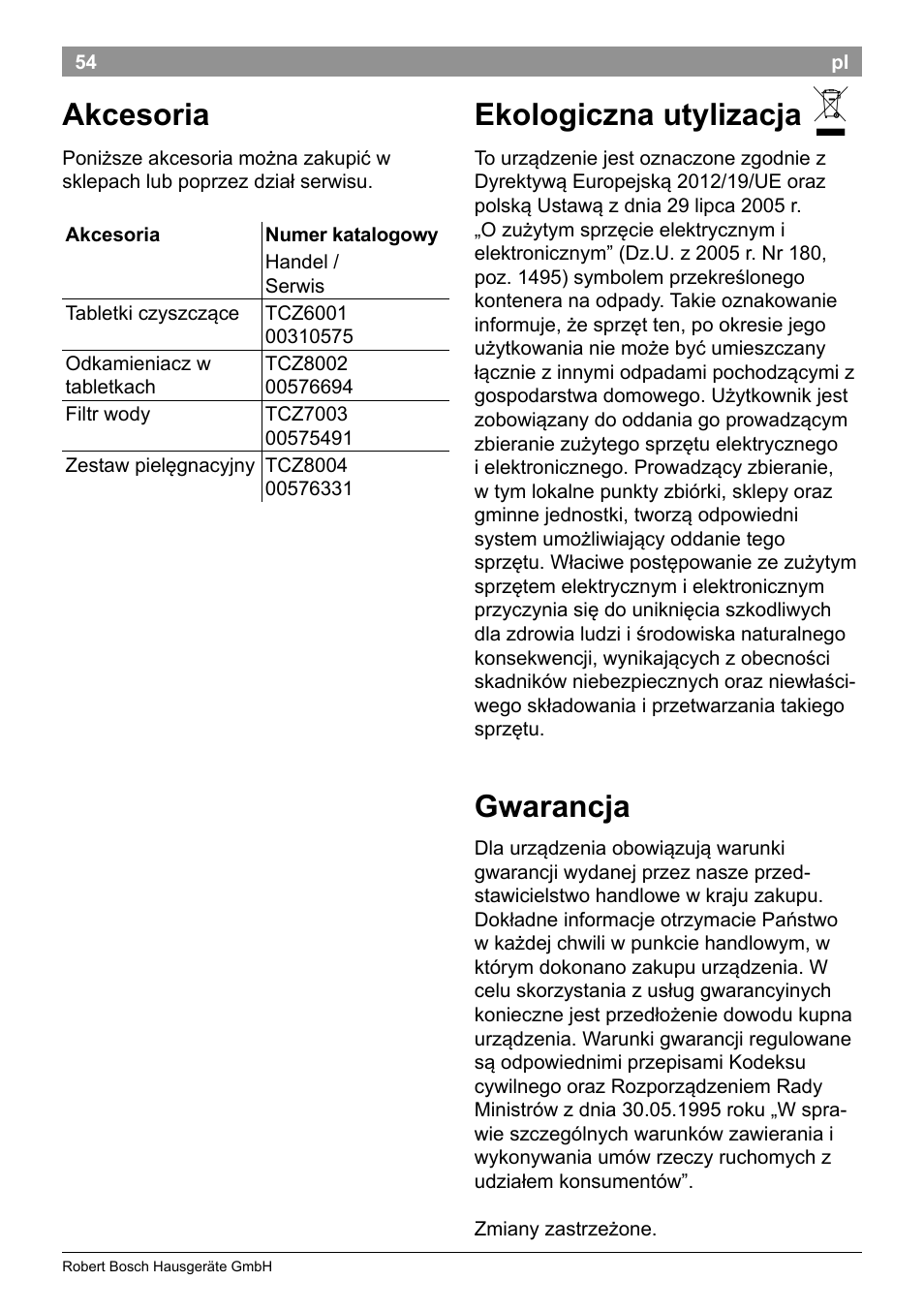 Akcesoria, Ekologiczna utylizacja, Gwarancja | Bosch TES50129RW VeroCafe Machine à café Expresso automatique Noir User Manual | Page 58 / 122