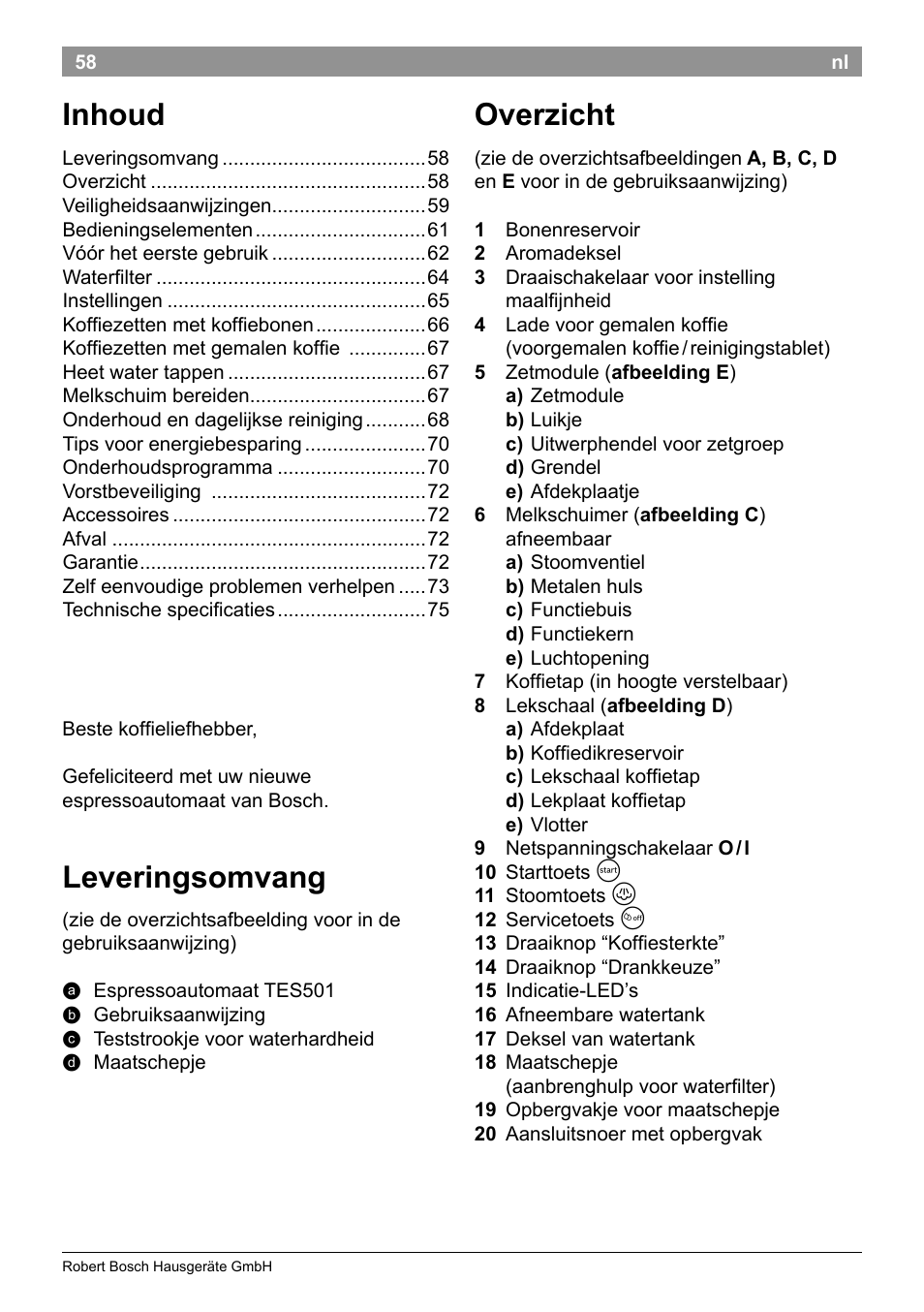 Leveringsomvang, Inhoud, Overzicht | Bosch TES50129RW VeroCafe Machine à café Expresso automatique Noir User Manual | Page 62 / 122