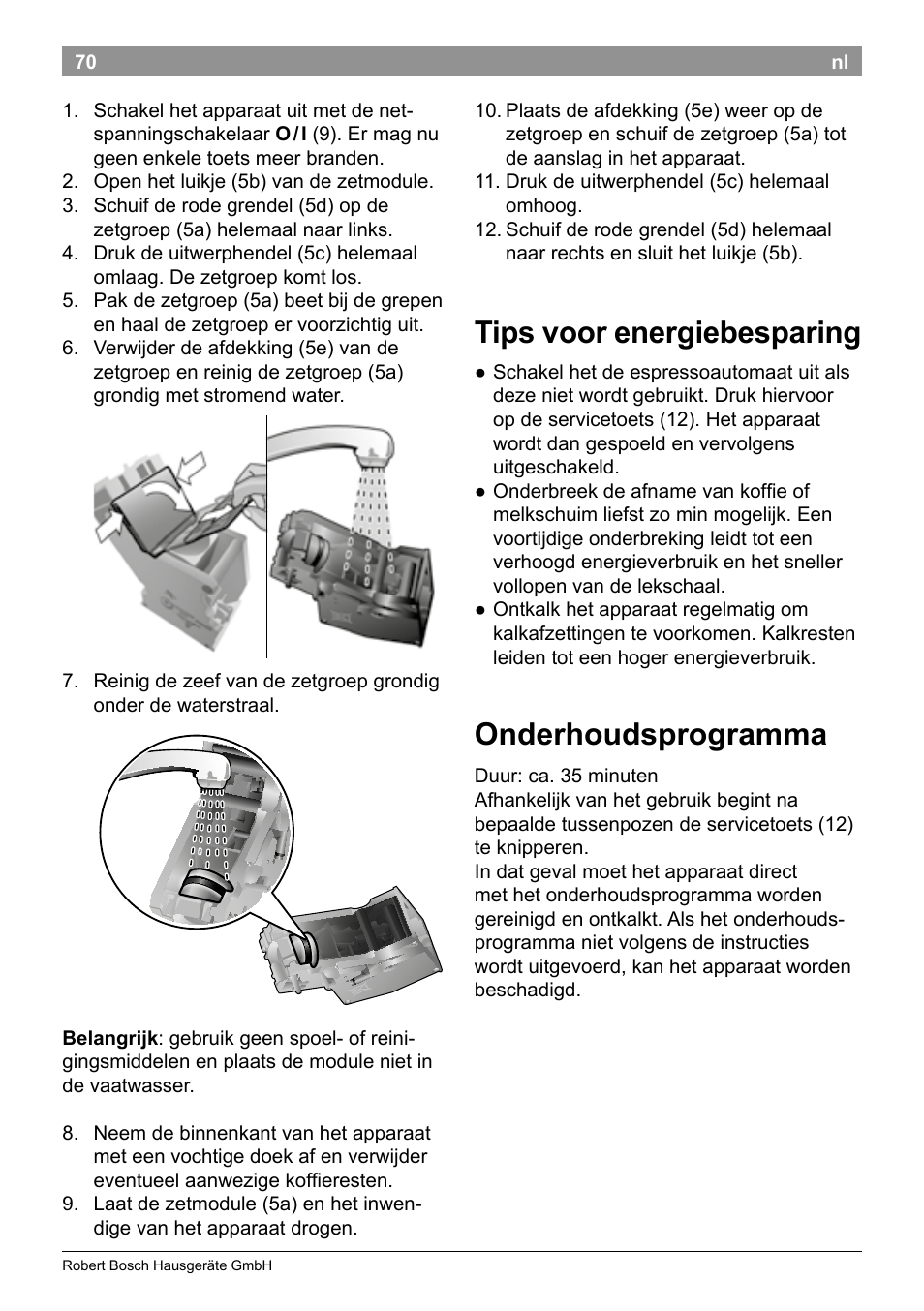 Tips voor energiebesparing, Onderhoudsprogramma | Bosch TES50129RW VeroCafe Machine à café Expresso automatique Noir User Manual | Page 74 / 122