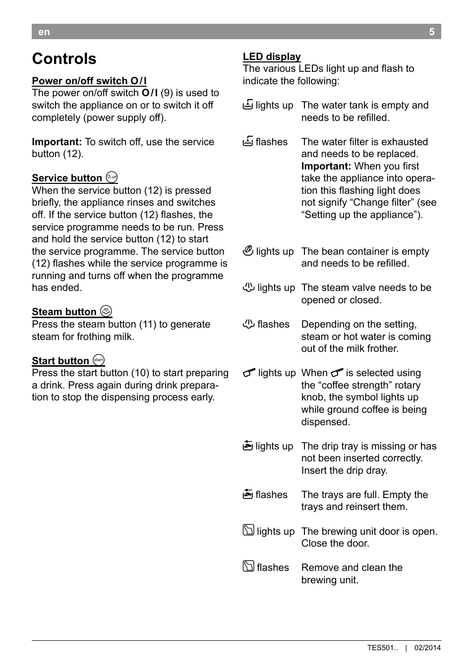 Controls | Bosch TES50129RW VeroCafe Machine à café Expresso automatique Noir User Manual | Page 9 / 122