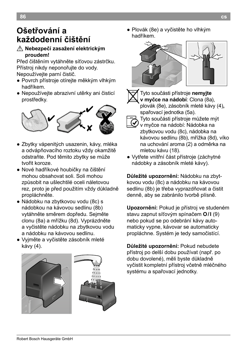 Ošetřování a každodenní čištění | Bosch TES50129RW VeroCafe Machine à café Expresso automatique Noir User Manual | Page 90 / 122