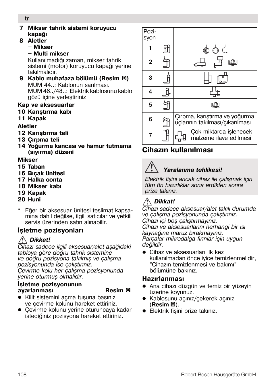 Cihazýn kullanýlmasý | Bosch MUM4832 KITCHEN MACHINE 600W BLANC Couleur blanc blanc User Manual | Page 108 / 174