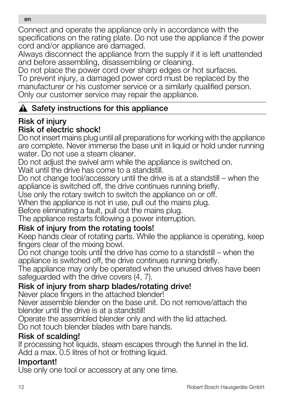 Bosch MUM4832 KITCHEN MACHINE 600W BLANC Couleur blanc blanc User Manual | Page 12 / 174