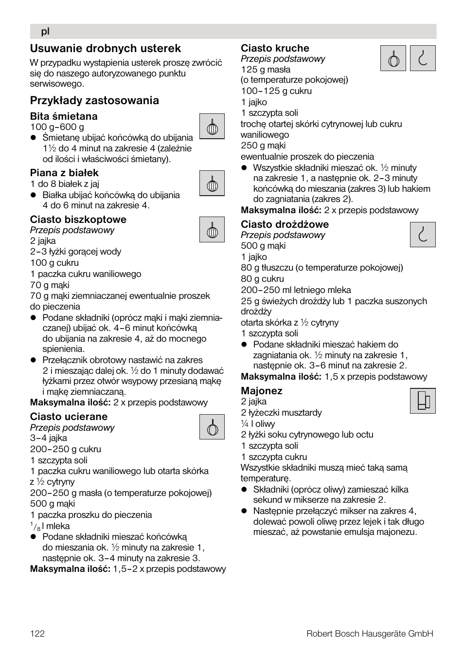 Usuwanie drobnych usterek, Przykłady zastosowania | Bosch MUM4832 KITCHEN MACHINE 600W BLANC Couleur blanc blanc User Manual | Page 122 / 174