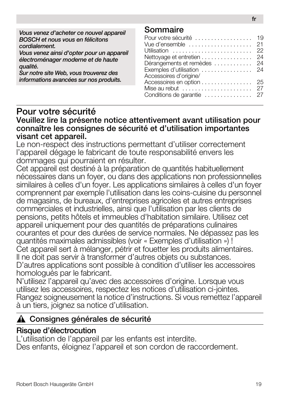 Pour votre sécurité, Sommaire | Bosch MUM4832 KITCHEN MACHINE 600W BLANC Couleur blanc blanc User Manual | Page 19 / 174