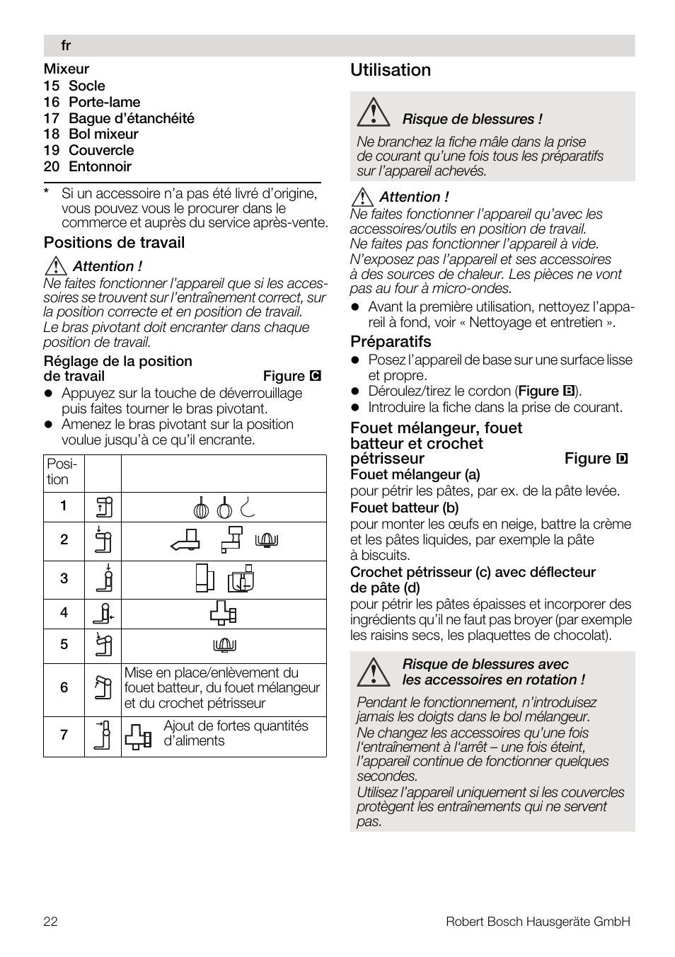 Utilisation | Bosch MUM4832 KITCHEN MACHINE 600W BLANC Couleur blanc blanc User Manual | Page 22 / 174