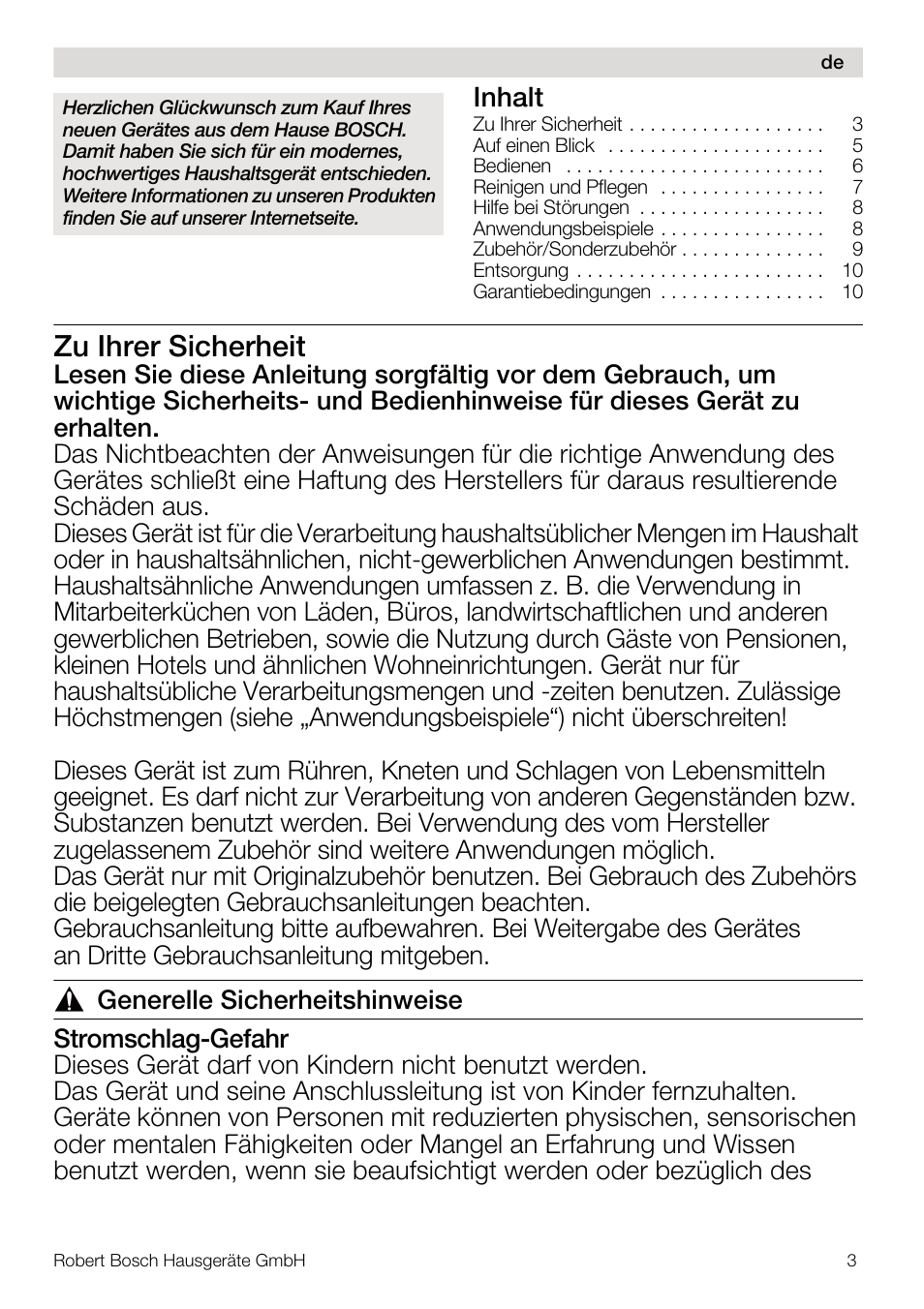 Zu ihrer sicherheit, Inhalt | Bosch MUM4832 KITCHEN MACHINE 600W BLANC Couleur blanc blanc User Manual | Page 3 / 174