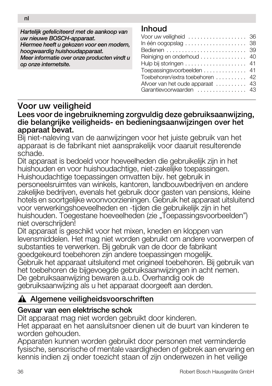 Voor uw veiligheid, Inhoud | Bosch MUM4832 KITCHEN MACHINE 600W BLANC Couleur blanc blanc User Manual | Page 36 / 174