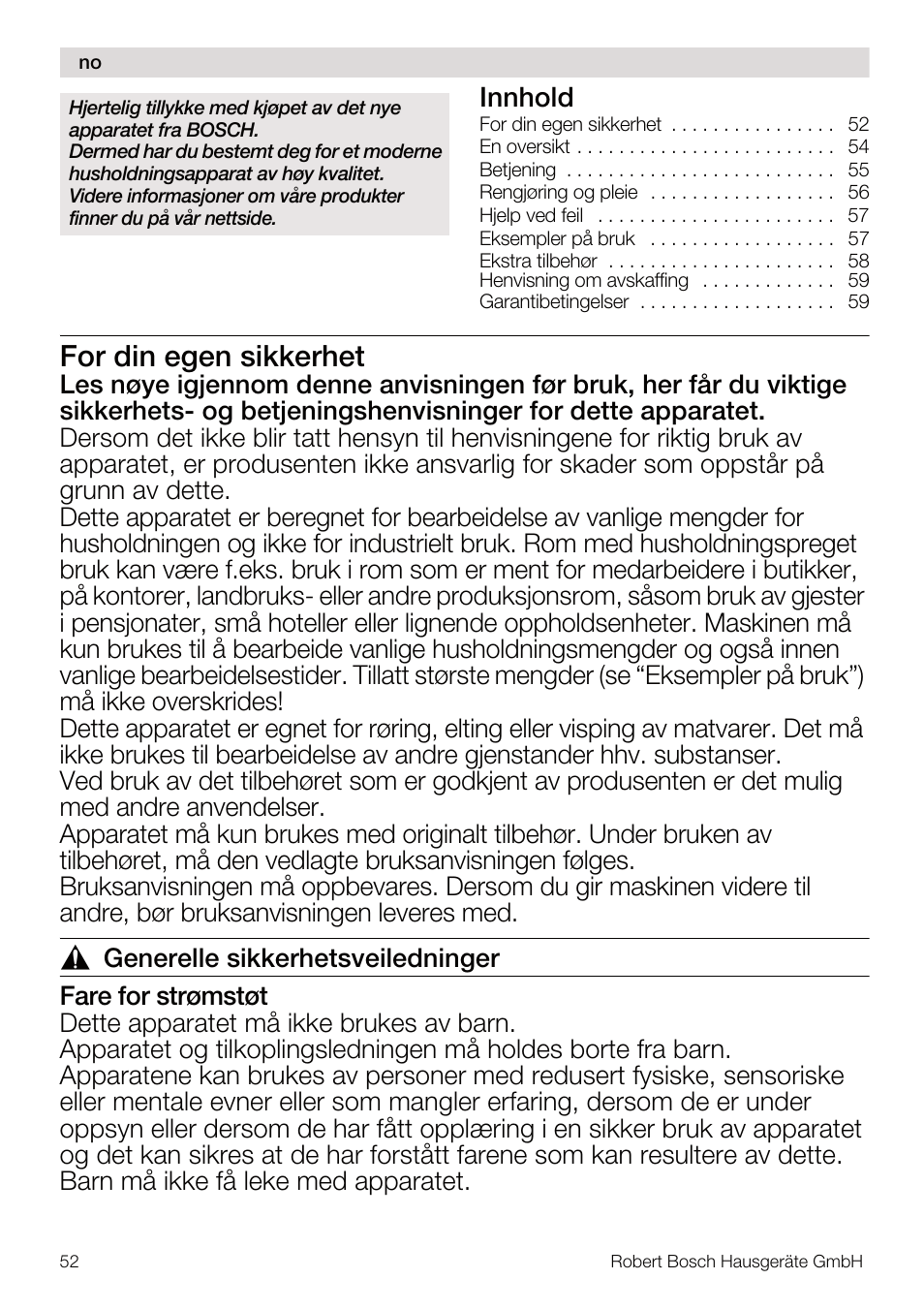 For din egen sikkerhet, Innhold | Bosch MUM4832 KITCHEN MACHINE 600W BLANC Couleur blanc blanc User Manual | Page 52 / 174