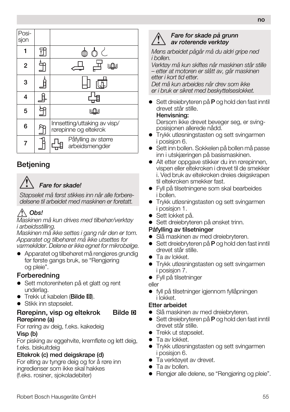 Betjening | Bosch MUM4832 KITCHEN MACHINE 600W BLANC Couleur blanc blanc User Manual | Page 55 / 174