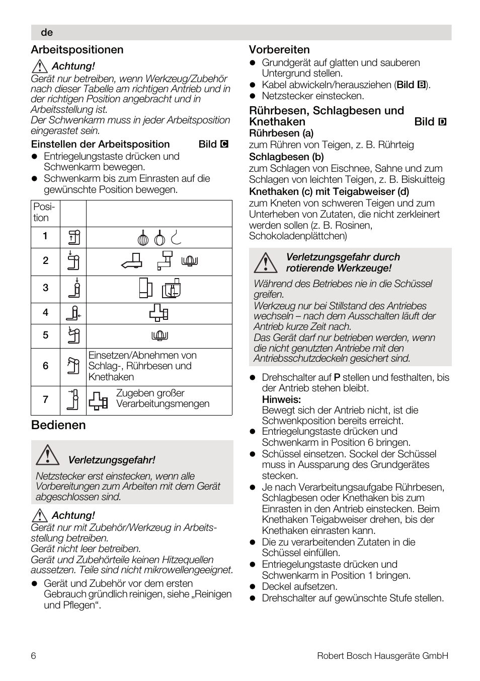 Bedienen | Bosch MUM4832 KITCHEN MACHINE 600W BLANC Couleur blanc blanc User Manual | Page 6 / 174