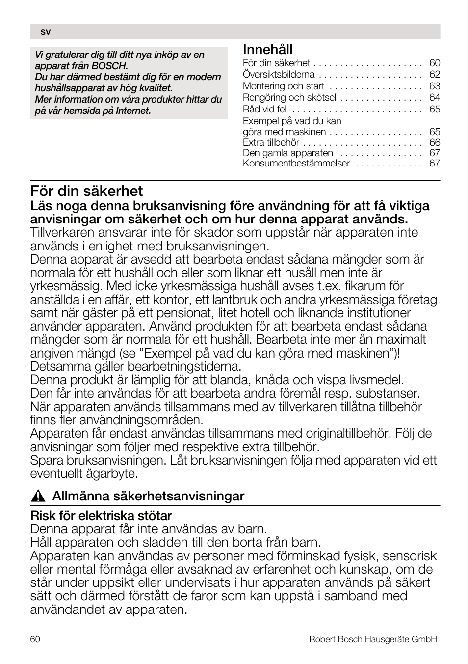 För din säkerhet, Innehåll | Bosch MUM4832 KITCHEN MACHINE 600W BLANC Couleur blanc blanc User Manual | Page 60 / 174