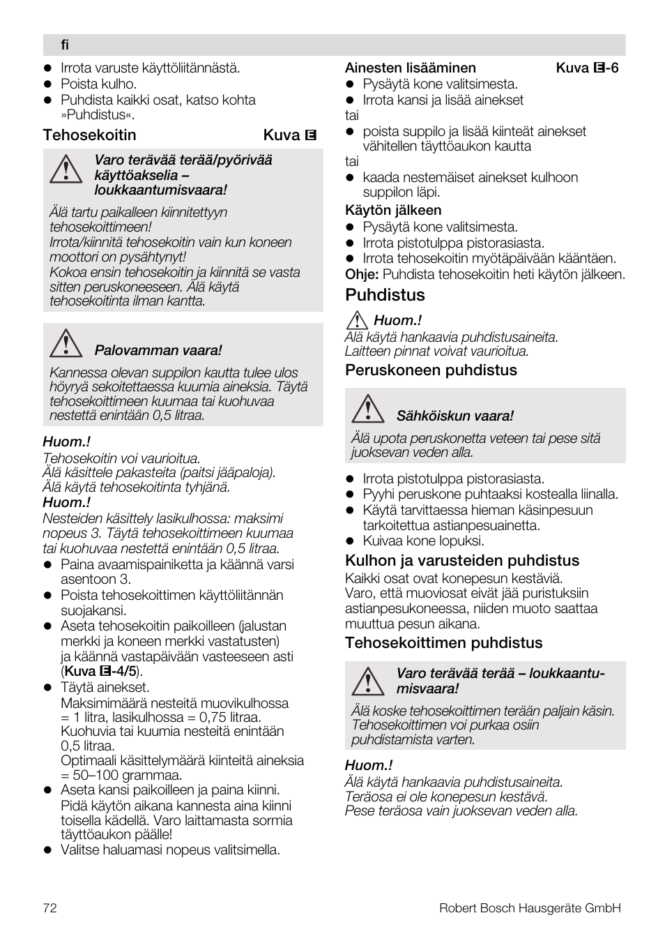 Puhdistus | Bosch MUM4832 KITCHEN MACHINE 600W BLANC Couleur blanc blanc User Manual | Page 72 / 174