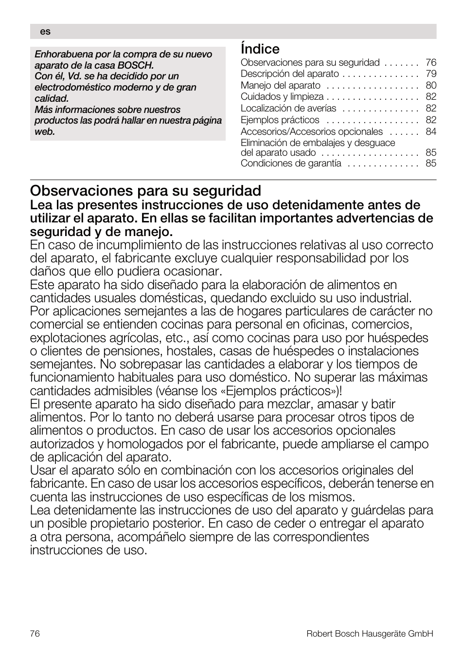 Observaciones para su seguridad, Índice | Bosch MUM4832 KITCHEN MACHINE 600W BLANC Couleur blanc blanc User Manual | Page 76 / 174